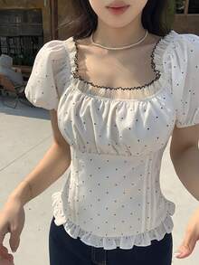 DAZY 女士撞色波点印花方领短袖衬衫夏季娃娃衫 - 白色 - 查看 1