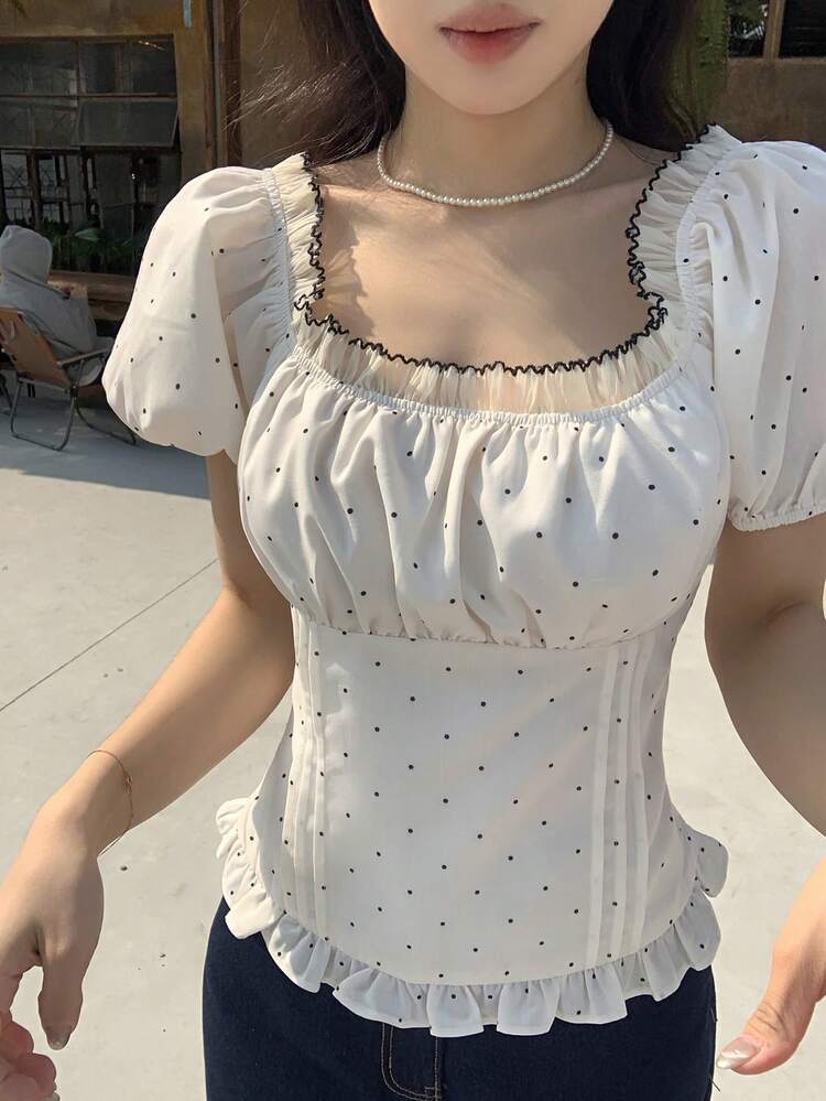 Women's Colorblock Polka Dot Print Square Neck Short Sleeve Blouse Summer Babydoll Top