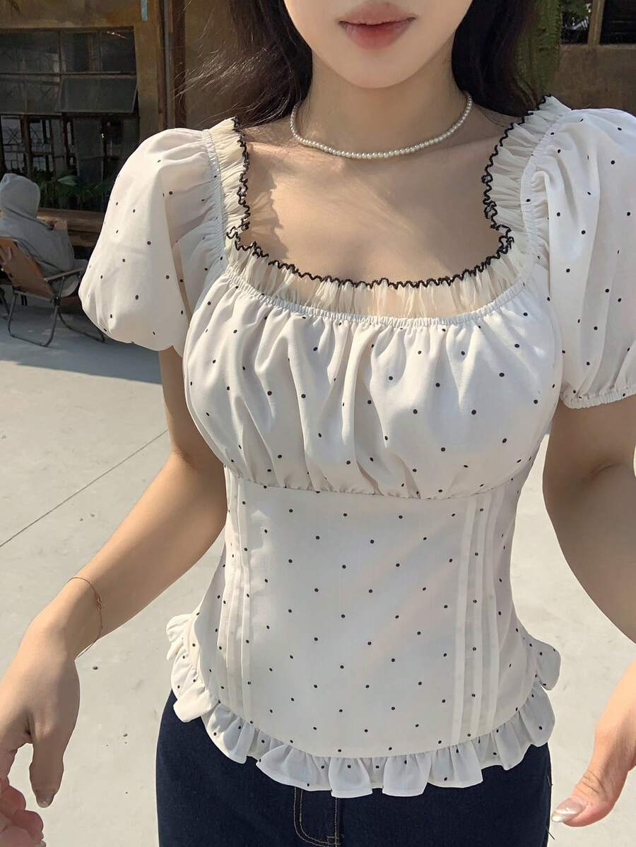 DAZY 女士撞色波点印花方领短袖衬衫夏季娃娃衫 - 白色 - 查看 1