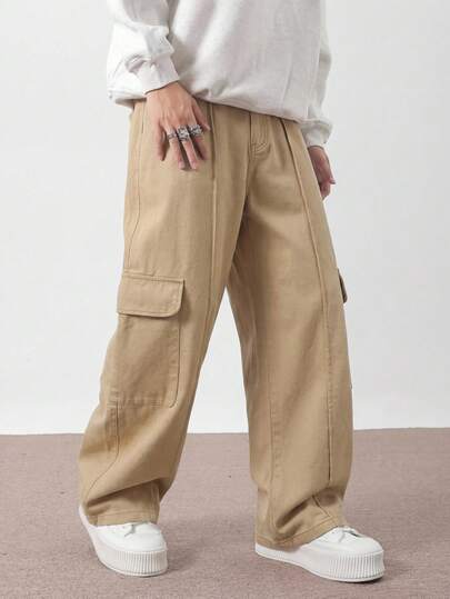 Manfinity Hypemode Loose Fit Wide Leg Cargo Jeans With Side Pockets, Khaki, Spring/Summer
