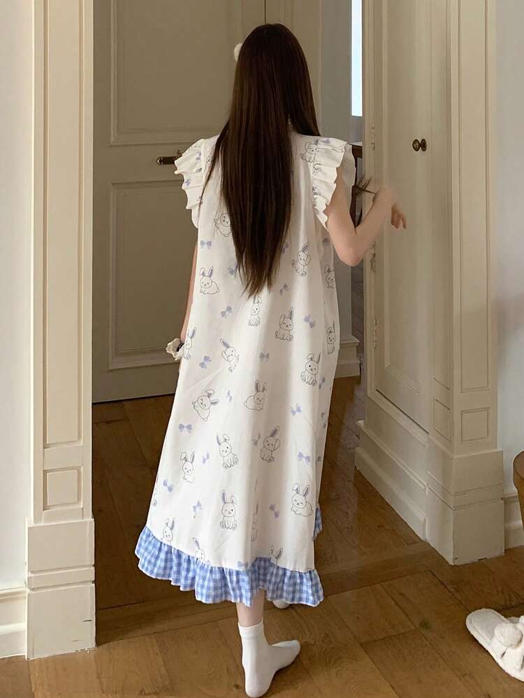 Sweet Rabbit Print Plaid Ruffle Hem Loose Women Summer Nightgown
