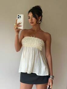 Siren Gaze Women Strapless Smocked Bodice Flared Hem Sleeveless Top, Summer Ladies Casual Wear, Ruffle Trim Strapless Top, Tube Top, Baby Doll Top, Summer Clothes Babydoll Tops Women White Strapless Top Dress Top Summer Tube Top Babydoll Tops For Women Tops For Women For Summer Beautiful Top Beautiful Tops For Women - Apricot - View 5