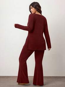 Enliva 大码休闲家居服简约露肩罗纹两件套，秋冬皆宜，适合圆润身材曲线 - 酒紅色 - 查看 2