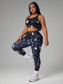 Rhythm Era 3pcs/Set Women's Casual Sports Printed T-Shirt, Tank Top & Leggings - Black and White - View 4