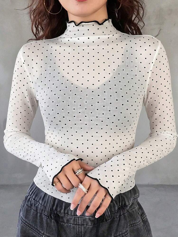 FRIFUL 女士立领荷叶边插肩袖休闲波点薄纱修身长袖上衣 - 白色 - 查看 5