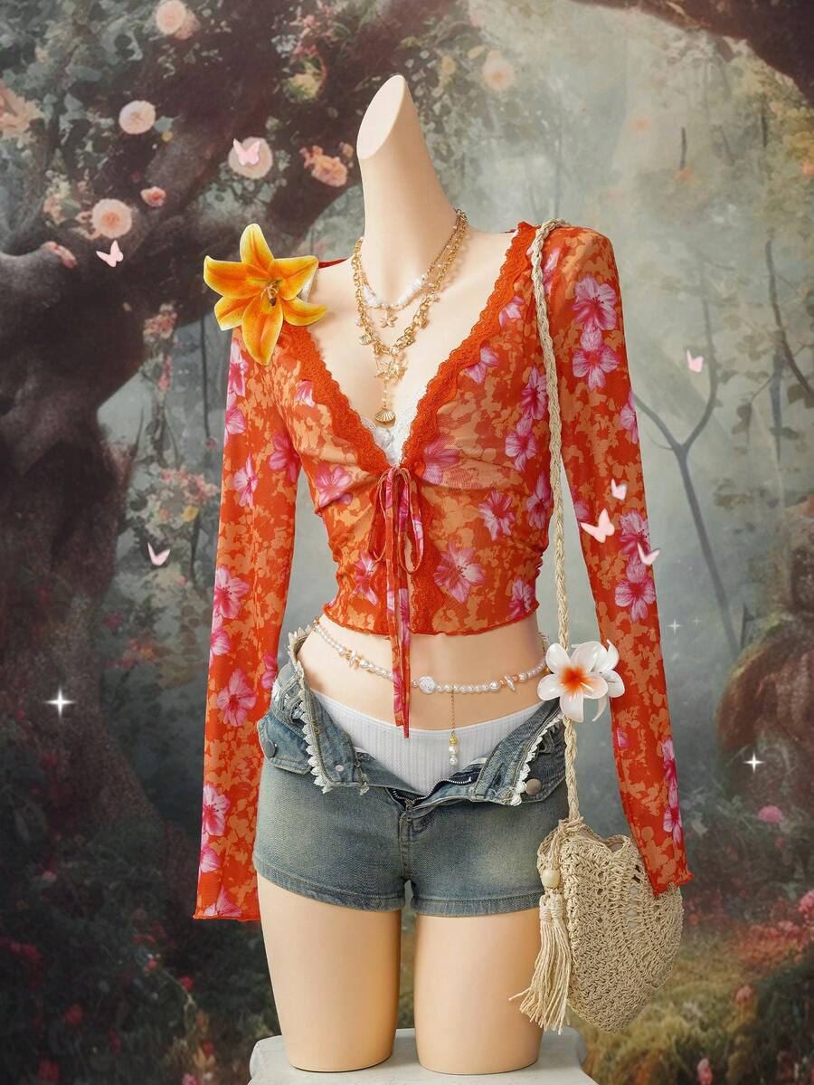 EgrlEra Women's V-Neck Fashionable Short Tie-Up Fitted Mesh & Contrast Lace Blouse - Multicolor - View 1