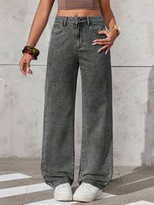 SHEIN ICON 女士口袋宽松阔腿休闲百搭牛仔裤 - 灰色 - 查看 6