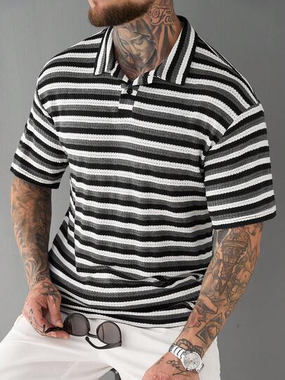 SLATEMANN Camicia polo casual a maniche corte a righe da uomo