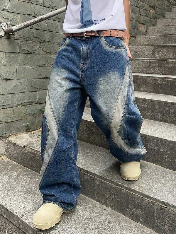 ROMWE MEN Men's Contrast Color Pocket Wide Leg Loose Casual Jeans