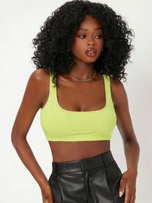 SHEIN BASICS Áo tank top nữ màu trơn cổ chữ U, dây bản rộng, dáng ngắn, kiểu dáng thường ngày, đa năng, thích hợp cho mùa hè. - màu xanh lá - Xem 5
