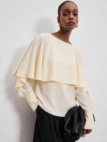 ATUI Studio Women's Solid Color Round Neck Ruffle Patchwork Loose Fashion Blouse - Apricot - View 4