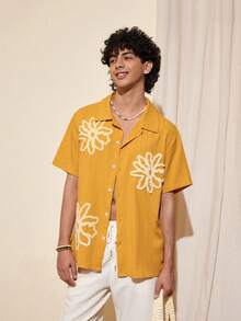 Felipe Marques Men's Floral Embroidery Textured Fabric Loose Fit Short Sleeve Shirt, Casual For Holiday, Party, Beach, Spring/Autumn - Orange - View 7
