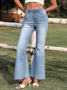 Breezaya Women's Casual Elegant Washed Slant Pocket Flare Jeans - Light Wash - View 1