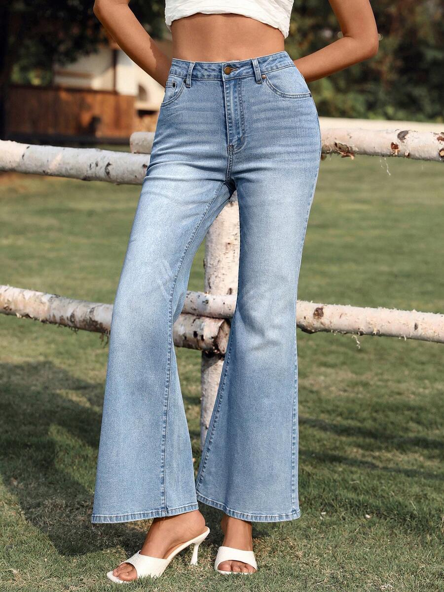 Breezaya Women's Casual Elegant Washed Slant Pocket Flare Jeans - Light Wash - View 1