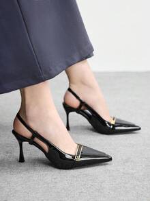 CUCCOO BIZCHIC Giày cao gót nữ thời trang, mũi nhọn, da bóng, thoải mái, chống trơn trượt, kiểu quai hậu. - màu đen - Xem 5