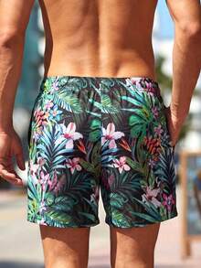 Horizaway Quần short đi biển nam mùa hè in họa tiết cây nhiệt đới, cạp chun. - Màu xanh lá cây đậm - Xem 2