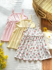Vintaside Kids 3pcs/Set Baby Girls' Summer New 2025 Sleeveless Floral Print Dress + Solid Color Dress, Pastoral Style, Fashion Cute Dresses - Multicolor - View 2