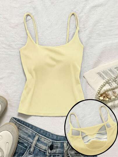 Attitoon Regata Casual Feminina Sem Costas Nervurada de Cor Sólida