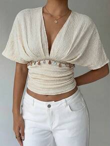 Aloruh 杏色深V褶皱短袖紧身女式T恤 夏季假日 - 杏色 - 查看 5