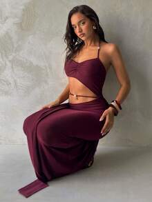 Aloruh 女士新款纯色酒红色连衣裙，吊带性感优雅女士连衣裙，波西米亚串珠装饰女士罩衫，女士度假装，女士沙滩裙 - 酒紅色 - 查看 8