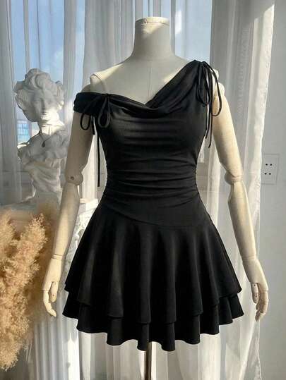 SHEIN MOD 大码女式简约修身 A 字型不对称下摆迷你连衣裙、百搭户外连衣裙、优雅派对连衣裙