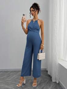 Momance Bộ áo liền quần bầu với cổ yếm đính hạt gỗ, chi tiết nơ buộc phía trước eo, quần dài đến mắt cá chân. - Rửa trung bình - Xem 4