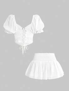 ROMWE Avant 优雅度假岛屿风系带腰身两件套泡泡袖女装 - 白色 - 查看 2