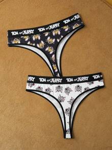 TOM & JERRY X SHEIN Quần lót nữ cỡ lớn, cạp chun in chữ và họa tiết hoạt hình, kiểu dáng thường ngày. - Đen và trắng - Xem 2