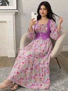 Teen Girl Floral Print Waist Eyelet Tie Design 2 In 1 Dress - Multicolor - View 5