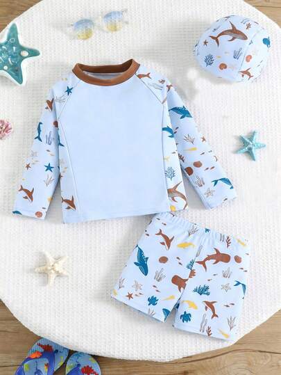 SHEIN 3pcs/Set Young Boys Casual Summer Vacation Coconut Tree Pattern Long Sleeve Shorts With Sunhat Swimwear, Suitable For Spring/Summer Wear, Home, Outing, Travel, Beach, Pool Party