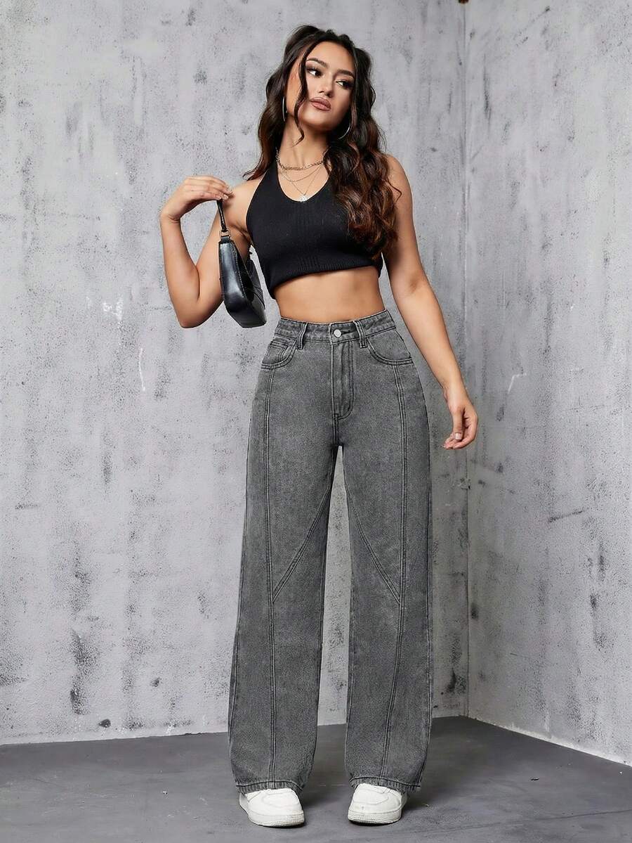 SHEIN EZwear 休闲水洗高腰直筒牛仔裤 - 淺灰色 - 查看 1