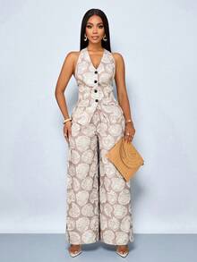 SOLERSUN Women's Casual Vacation Style Random Floral Print 3-Piece Set: Vest, Halter Neck Top, And Pants - Khaki - View 6