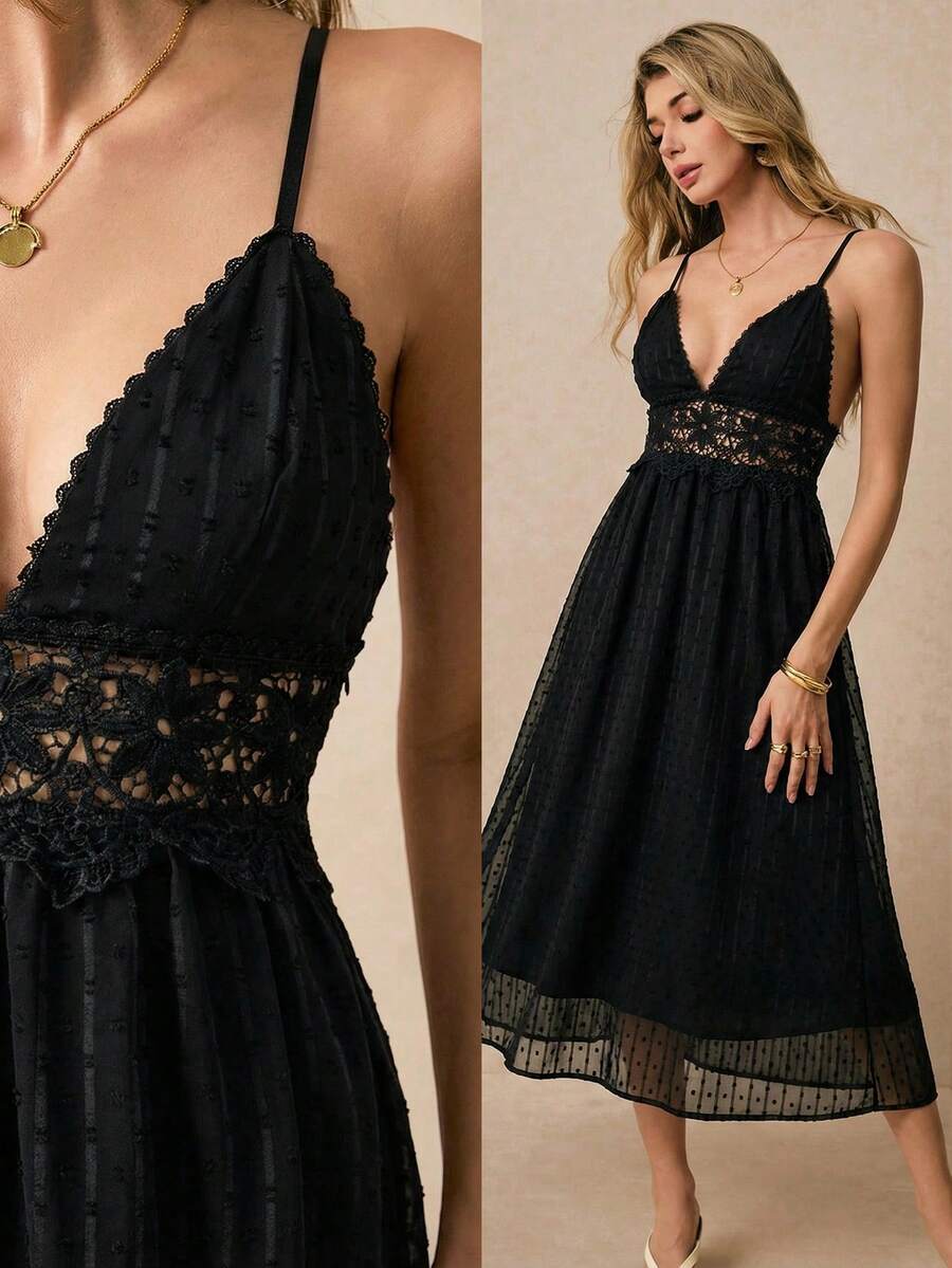 Poéselle Women's V-Neck Lace Elegant Waist Cinched Party Midi Slip Dress Black Vacation Summer Dresses Sundress Women Beach Dinner - Black - View 1