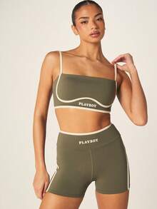 Missguided x Playboy 抹胸运动文胸和高腰短裤套装，撞色滚边细节，两件套运动服 - 橄欖綠 - 查看 1