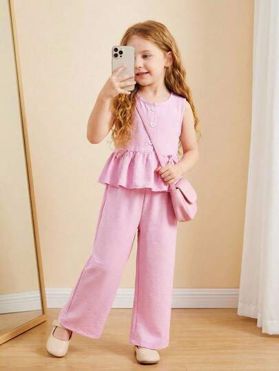 2件套女童（小号）粉色无袖蝴蝶结吊带背心和直筒裤，甜美可爱休闲夏季儿童套装