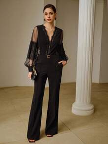 ZEYLAH Women's Elegant Lace Patchwork Long Sleeve Blouse, Spring/Summer - Black - View 5