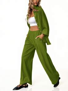 Aveloria Modichic 2件套 女士混纺侧开衩宽松衬衫和高腰阔腿裤 优雅商务休闲女装 - 綠色 - 查看 2