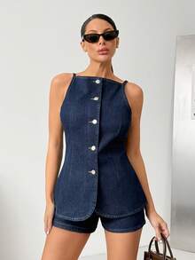 EURMUSE Smart Casual Woman Denim Set Dark Wash High Rise Short And Vest Two Pieces - Dark Wash - View 4