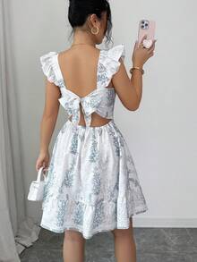 SHEIN Elenzya 女士蝴蝶结露背腰带A字连衣裙，魅力优雅假日休闲甜美可爱通勤海滩海岛性感时尚约会法式街头复古百搭春夏蓝白新款喇叭袖连衣裙 - 彩色 - 查看 2