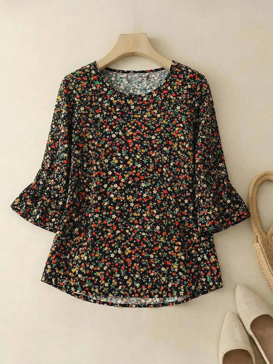 EMERY ROSE Women's Casual Ditsy Floral Shirt Summer Vacation Outfits  Casual Blouses For Women - Blue - View 1