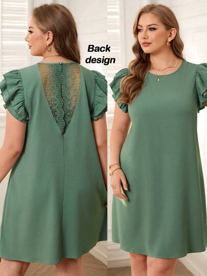 EMERY ROSE Vestido verde casual de talla grande para mujer con mangas de doble capa, bordado y parches, para y verano