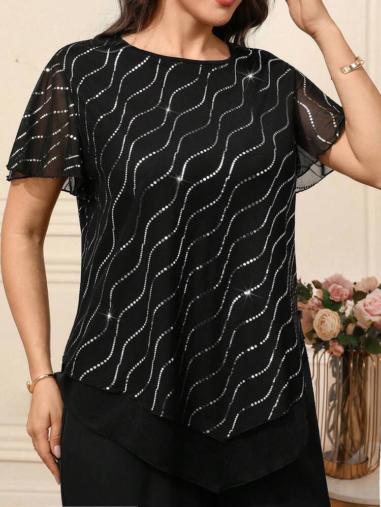 Plus Size Women's Summer Casual Vacation Elegant Round Neck Short Sleeve Ruffle Hem Asymmetrical Hem Double Layer Solid Color Black Blouse Top, Spring/Summer/Elegant/Party,Holiday,Spring Break,Going Out,2026 New,Simple And Fashionable For Everyday Wear,Suitable For SCommute, Daily Wear, Sequin Black Top