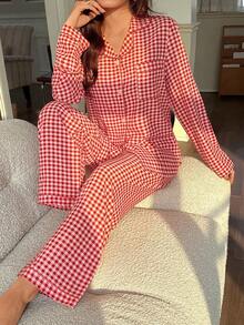Bubble Textured Plaid Collar Cardigan & Pants Pajama Set - Multicolor - View 4