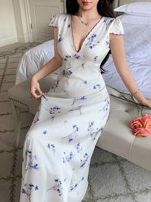 DAZY Women's Elegant Ditsy Floral Satin Contrast Trim Waist Maxi Nightgown, Summer - Beige - View 6