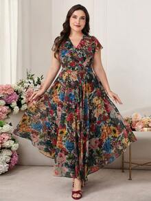 Reflora 大码女士优雅印花连衣裙，夏季婚礼宾客礼服 - 彩色 - 查看 5