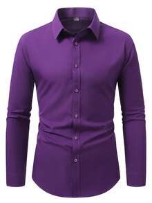 Manfinity Mode Men's Purple Plain Long Sleeve Regular Fit Business Formal Button Front Shirt Collar Top - Purple - View 3