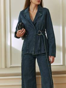 Dazy-Less Spring/Summer Romantic Design Loose Casual Commute Elegant Blue Shirt And Straight Leg Jeans Women 2-Piece Suit - Blue - View 3