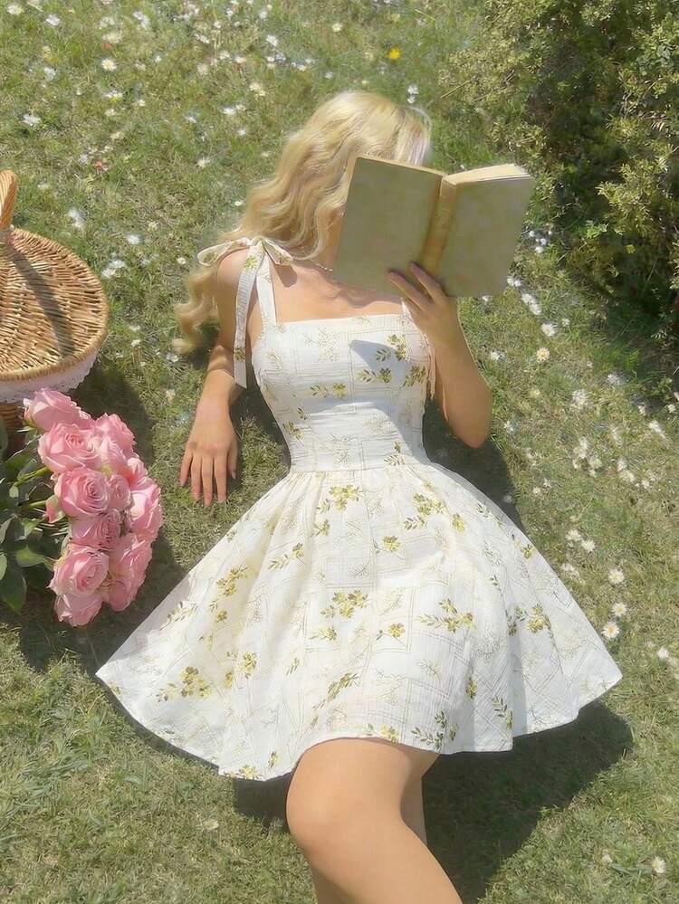 SHEIN MOD Vestido blanco con bordado romántico, espalda descubierta y lazo de moño - Albaricoque - Añade 2