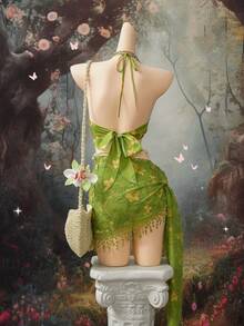 EgrlEra Women's Spaghetti Strap Halter Top + Mini Skirt 2 Pieces Set, Fashionable Summer Outfit Green Two Piece Fairy Outfit Goddess Outfit Green Clothes Women Dance Costume - Green - View 3