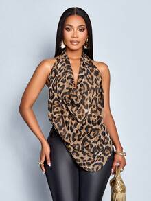 SOLERSUN 性感优雅女士雪纺豹纹上衣，适合派对和约会（随机花卉印花） - 棕色 - 查看 6